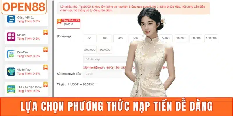Lựa chọn phương thức nạp tiền dễ dàng